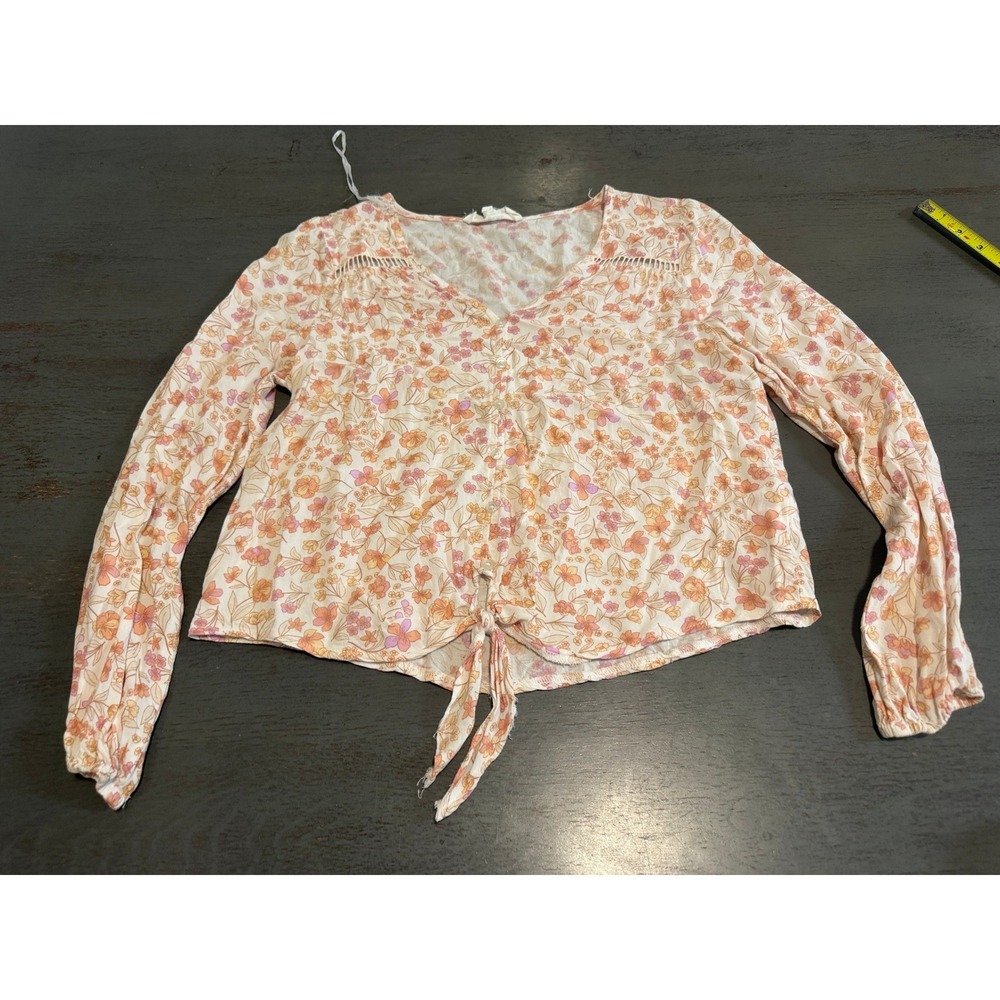 Hippie Rose Floral Tie Front Blouse Peach Pink Boho Long Sleeve Top Medium